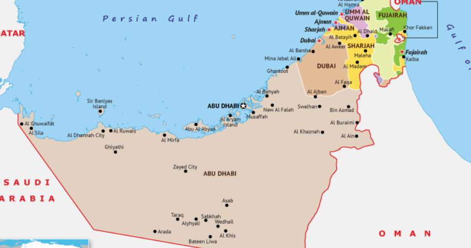 Map of United Arab Emirates Color Coded by Region